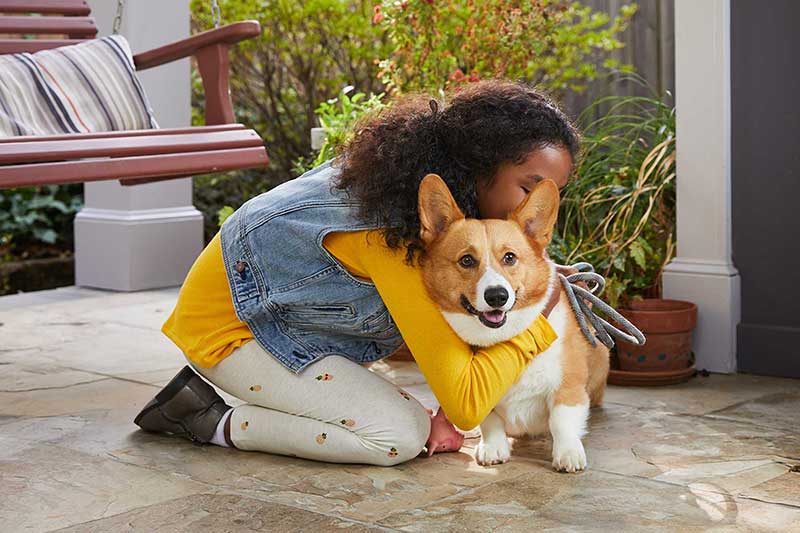 child hugging dog